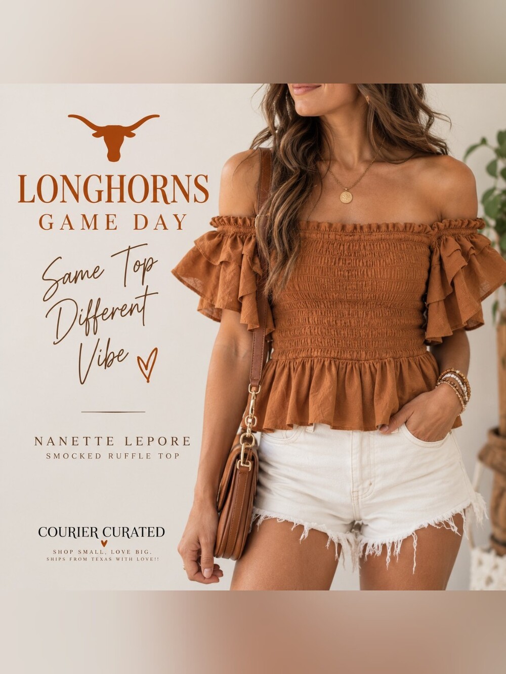 Nanette Lepore Rust Smocked Ruffle Off Shoulder Peplum Top L